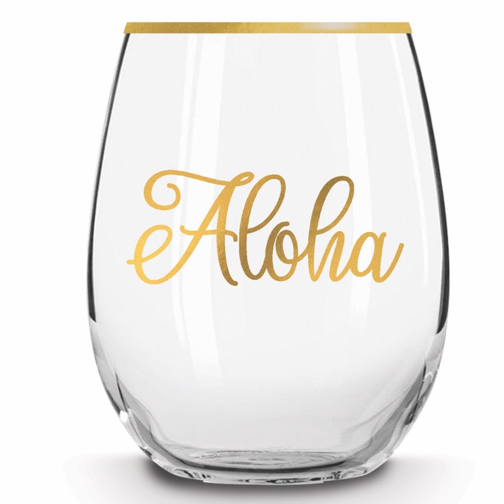 Set of 2 Hawaii Stemless Wine Glass, Golden Aloha Set of Two - New With Tags!